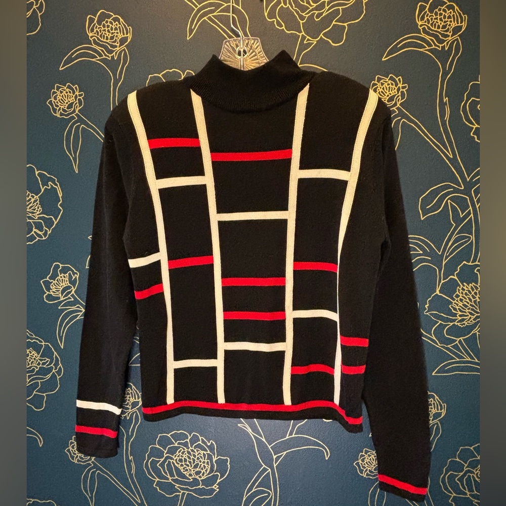 VINTAGE 80s window pane COLOR BLOCK medium SILK SWEATER black & red MEDIUM